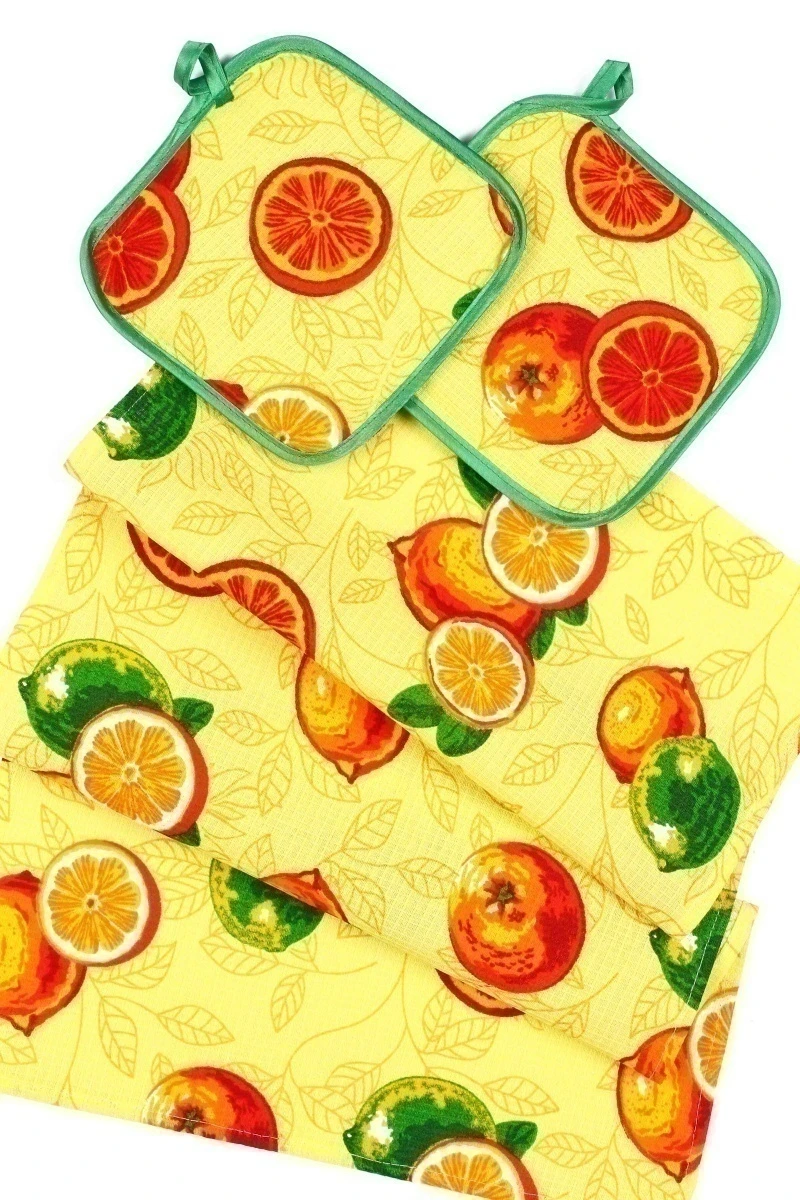 (К) Кухонный набор 051 Апельсины ваниль: полотенце, 2 прихватки