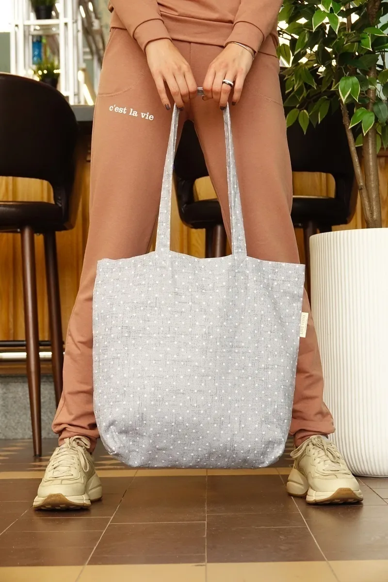 Эко сумка-шоппер из рогожки "Горошек" серый