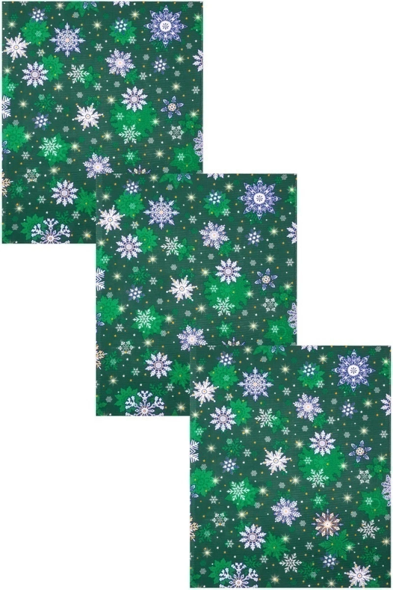 Набор вафельных полотенец 238 Снежинки на зеленом - 3 шт - 45х60 см