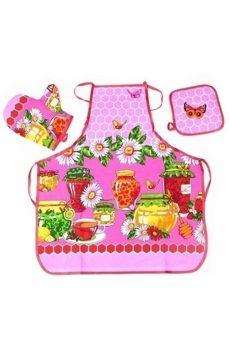 (К) Кухонный набор 008 розовый: фартук, прихватка, рукавица