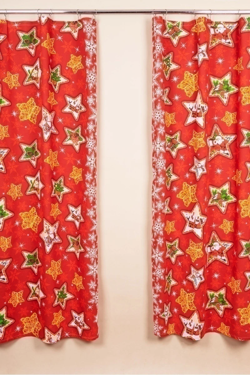 Комплект штор из рогожки "ХБК" Новогодние звезды (красный)