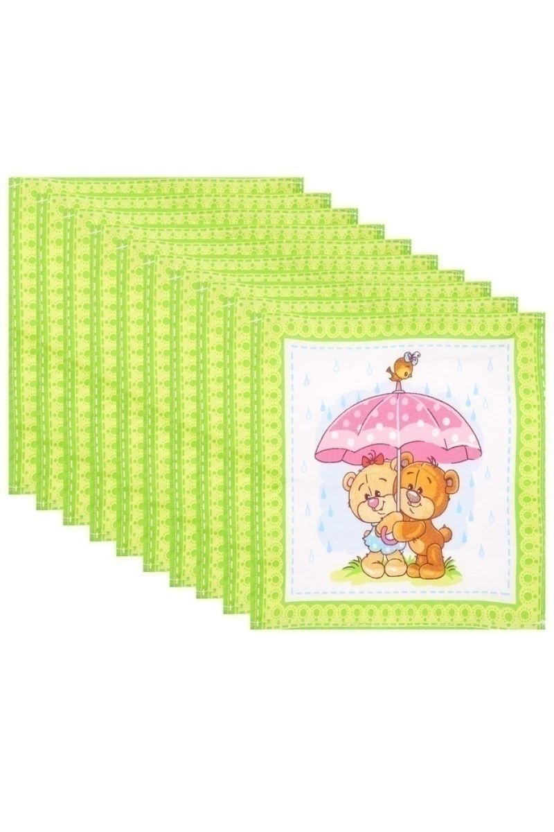 (К) Носовые платки детские 20х20 см 014 Медвежата под зонтом зеленый (по 10 штук)