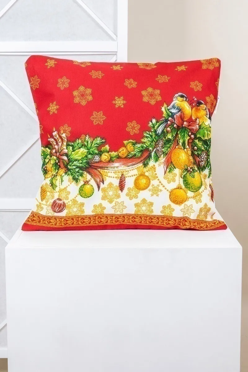 Декоративная наволочка на молнии из рогожки "Диз" Снегири в Новогоднюю ночь (красный)