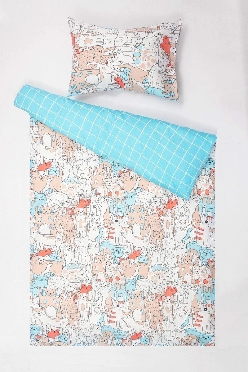 1 + 1 Пододеяльник и наволочка бязь "Pet cats" (кошки) ком, 145х215, 50х70 см (арт. 10307-1 + 10309-1, "ТЛ")