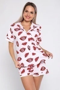 Пижамный костюм с шортами - Губы - 908 - белый, красный