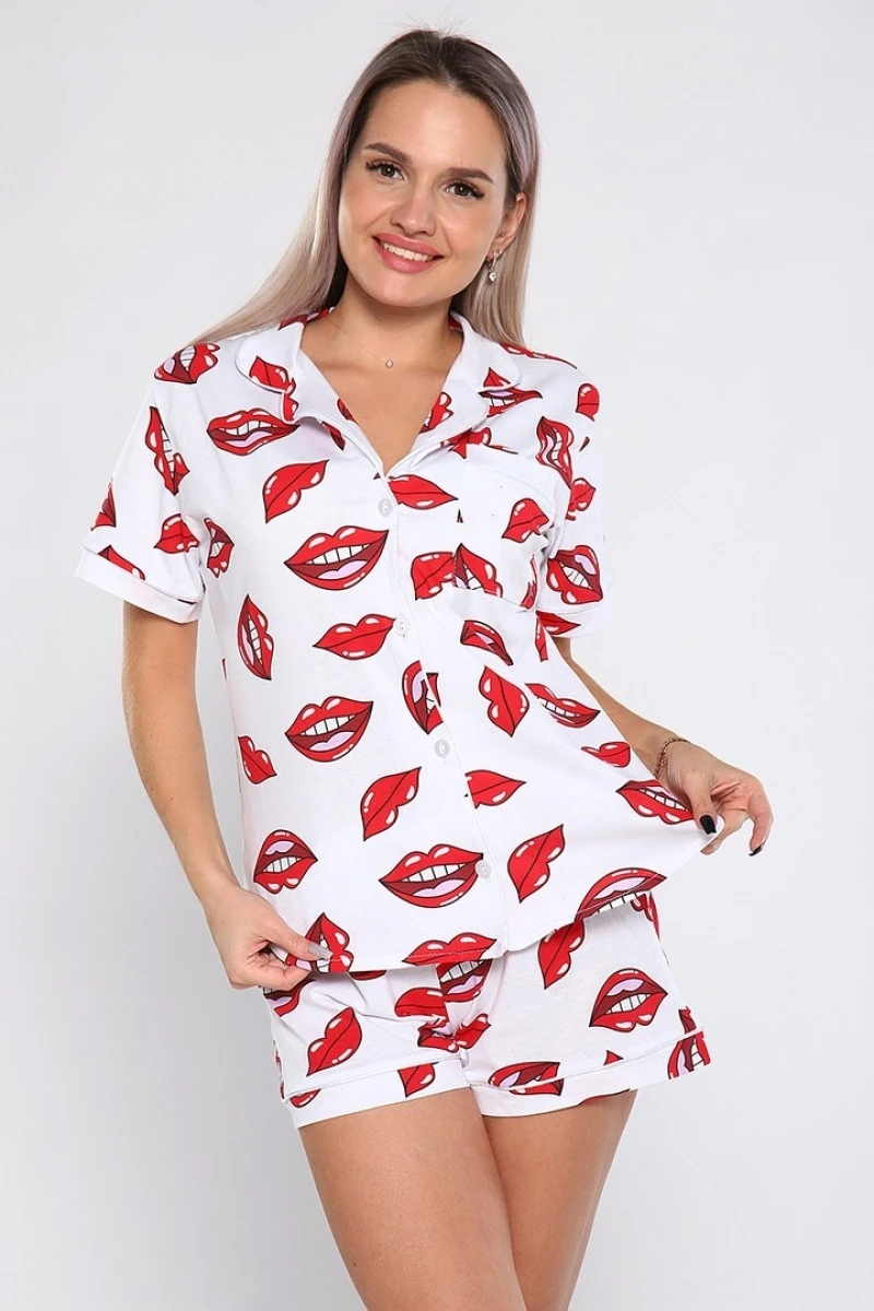 Пижамный костюм с шортами - Губы - 908 - белый, красный