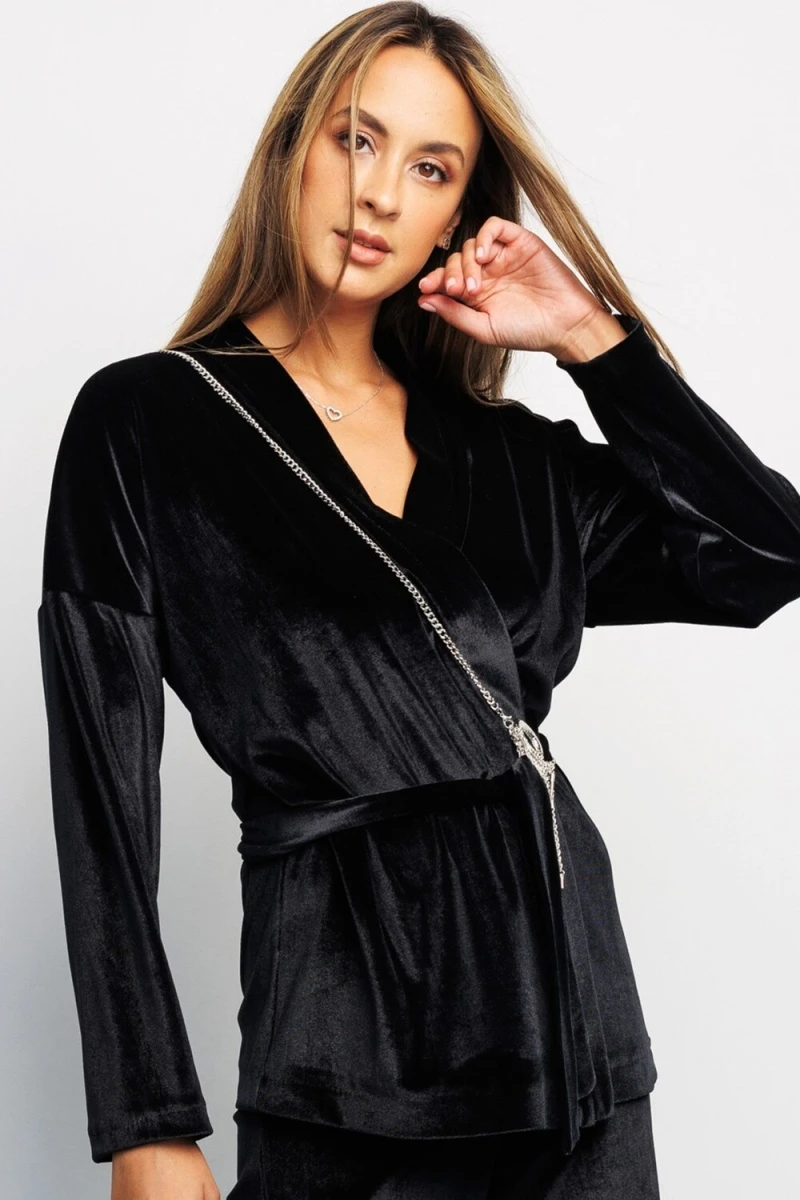 Кардиган 393BLK кимоно с поясом на запах (черный)